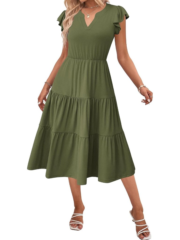 Women's Army Summer Boho Dress Ruffle Sleeve V Neck Midi Dress With Pockets